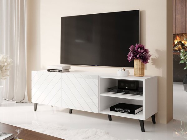 TV-állvány Charlotte 144, Közepes sűrűségű farostlemez, Laminált forgácslap, 52x150x42cm, Fényes fehér, Fehér