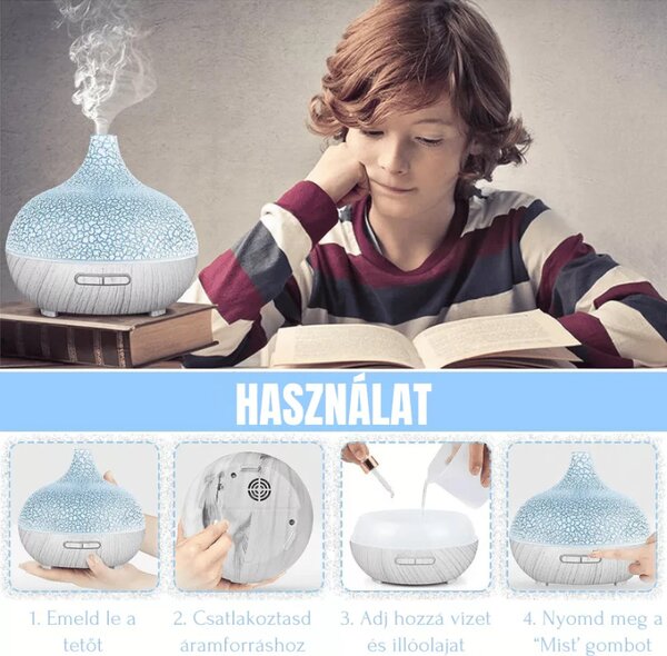 Repedezett és fehér fa mintázatú ultrahangos aroma diffúzor és Pulaiyi 6 részes illóolaj szett