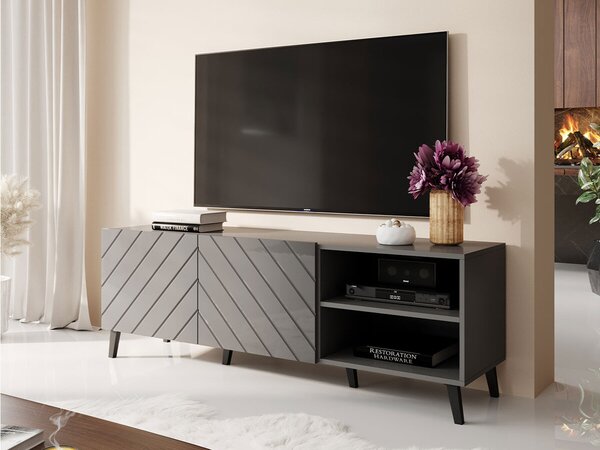 TV-állvány Charlotte 144, Közepes sűrűségű farostlemez, Laminált forgácslap, 52x150x42cm, Fényes grafit, Grafit
