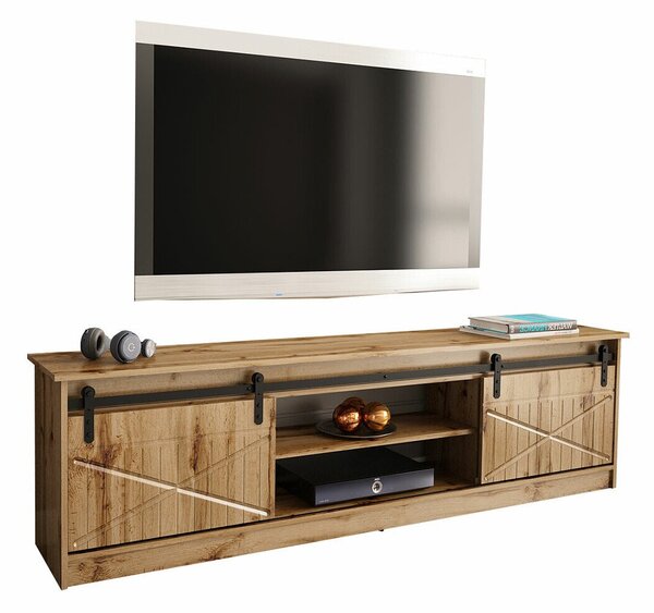 TV-állvány Charlotte 156, Közepes sűrűségű farostlemez, Laminált forgácslap, 57x200x35cm, Wotan tölgy