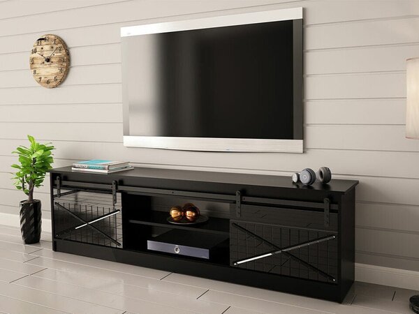TV-állvány Charlotte 156, Közepes sűrűségű farostlemez, Laminált forgácslap, 57x200x35cm, Fekete, Fényes fekete