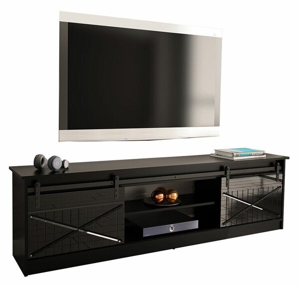 TV-állvány Charlotte 156, Közepes sűrűségű farostlemez, Laminált forgácslap, 57x200x35cm, Fekete, Fényes fekete