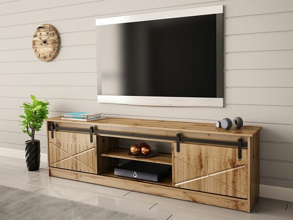 TV-állvány Charlotte 156, Közepes sűrűségű farostlemez, Laminált forgácslap, 57x200x35cm, Wotan tölgy