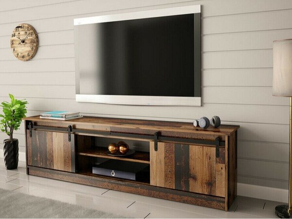 TV-állvány Charlotte 156, Közepes sűrűségű farostlemez, Laminált forgácslap, 57x200x35cm, Érett tölgy
