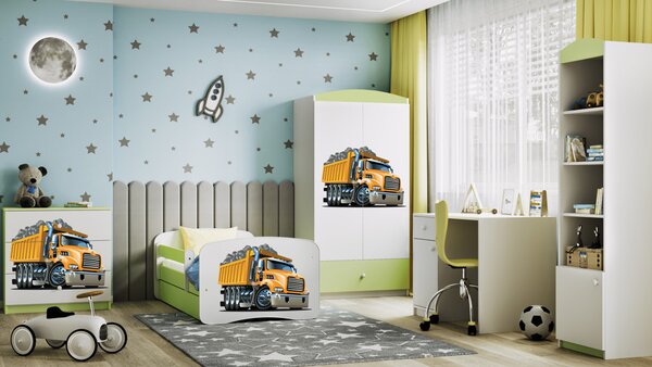 Babydreams gyerekágy kamionos dizájnnal, méret: 180x80, szín: zöld, matraccal, ágyneműtartóval