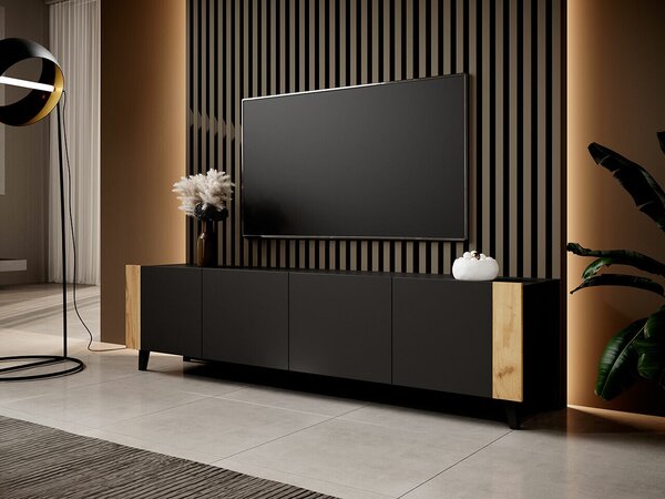 TV-állvány Charlotte 184, Közepes sűrűségű farostlemez, Laminált forgácslap, 53x201x42cm, Craft tölgy, Fekete