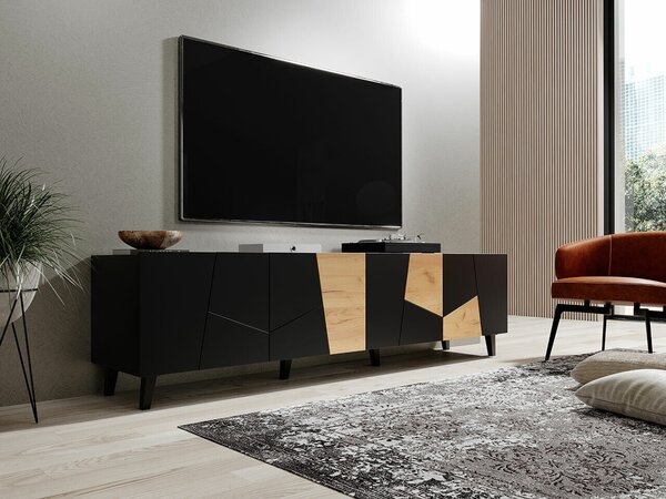 TV-állvány Charlotte 181, Laminált forgácslap, Közepes sűrűségű farostlemez, 53x201x42cm, Fekete, Craft tölgy