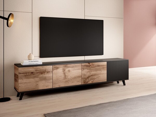 TV-állvány Luelia 114, Közepes sűrűségű farostlemez, Laminált forgácslap, 52x200x40cm, Fekete, Wotan tölgy