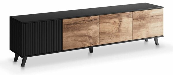 TV-állvány Luelia 114, Közepes sűrűségű farostlemez, Laminált forgácslap, 52x200x40cm, Fekete, Wotan tölgy