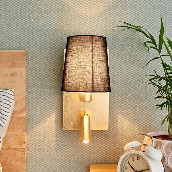Lindby fali lámpa Aiden, 30cm, fekete, arany, LED-es olvasólámpa, Fekete, Nappali / Étkező, Textil / szövet / selyem, Modern