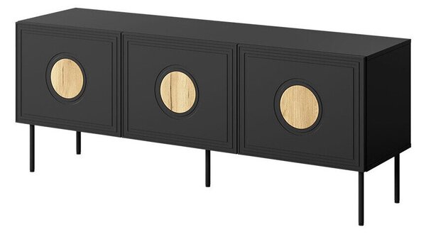 TV-állvány Domromi 101, Közepes sűrűségű farostlemez, Laminált forgácslap, 61x151x40cm, Craft tölgy, Fekete