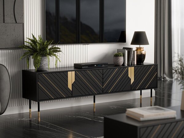 TV-állvány Elmteo 104, Közepes sűrűségű farostlemez, Laminált forgácslap, 55x204x40cm, Aranysárga, Fekete