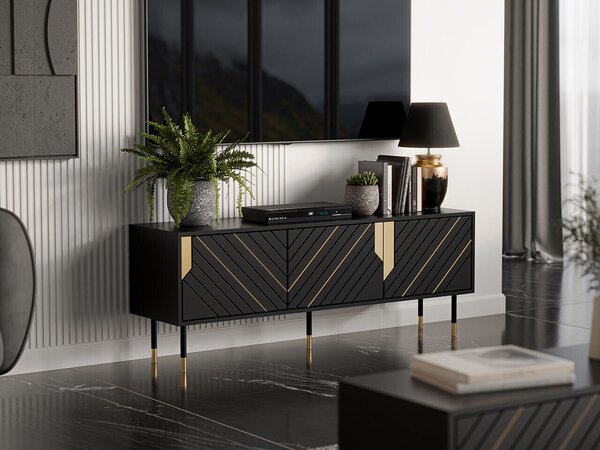 TV-állvány Elmteo 103, Közepes sűrűségű farostlemez, Laminált forgácslap, 55x154x40cm, Aranysárga, Fekete