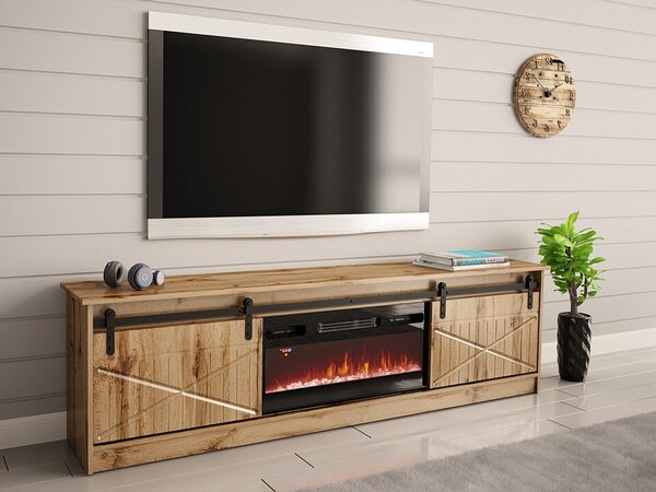 TV-állvány Charlotte 165, Laminált forgácslap, Közepes sűrűségű farostlemez, 57x200x35cm, Fekete, Wotan tölgy
