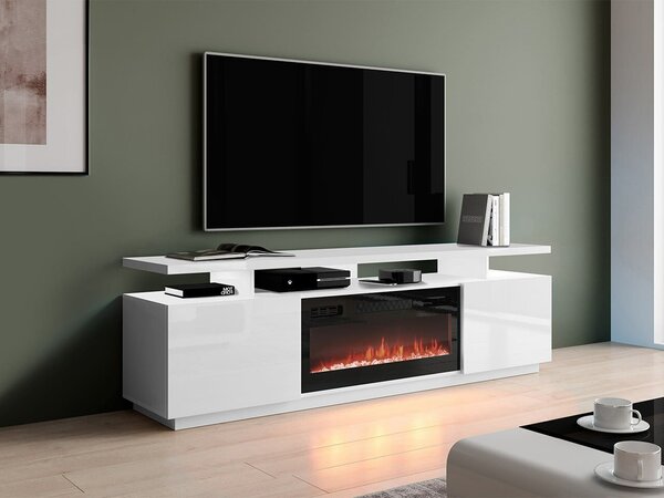 TV-állvány Figura I, Közepes sűrűségű farostlemez, Laminált forgácslap, 56x180x40cm, Fehér, Fényes fehér, Fekete