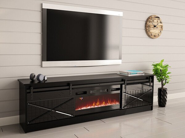 TV-állvány Charlotte 165, Közepes sűrűségű farostlemez, Laminált forgácslap, 57x200x35cm, Fényes fekete, Fekete