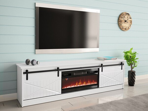TV-állvány Charlotte 165, Laminált forgácslap, Közepes sűrűségű farostlemez, 57x200x35cm, Fehér, Fényes fehér, Fekete