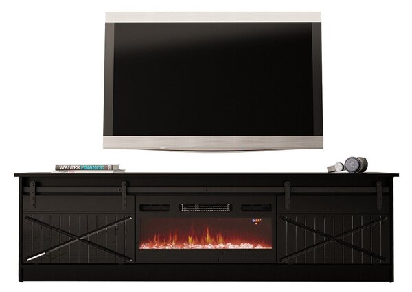 TV-állvány Charlotte 165, Közepes sűrűségű farostlemez, Laminált forgácslap, 57x200x35cm, Fényes fekete, Fekete