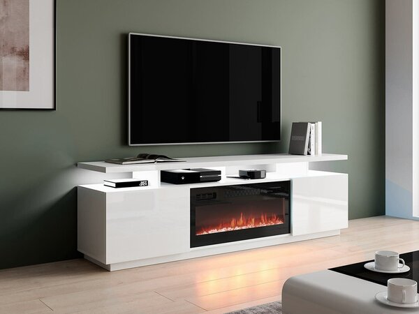 TV-állvány Figura I, Közepes sűrűségű farostlemez, Laminált forgácslap, 56x180x40cm, Fehér, Fényes fehér, Fekete