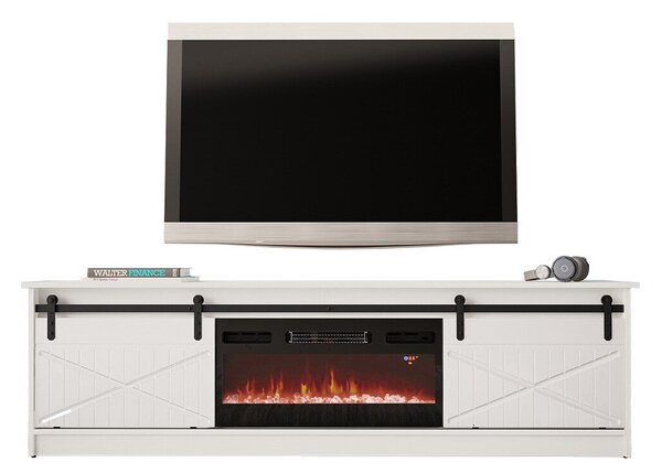 TV-állvány Charlotte 165, Laminált forgácslap, Közepes sűrűségű farostlemez, 57x200x35cm, Fehér, Fényes fehér, Fekete