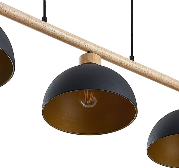 Lindby függőlámpa Tirzana, 3-lámpás, fekete, fém, fa, dimmelhető, Fekete, Nappali / Étkező, fém, Vintage