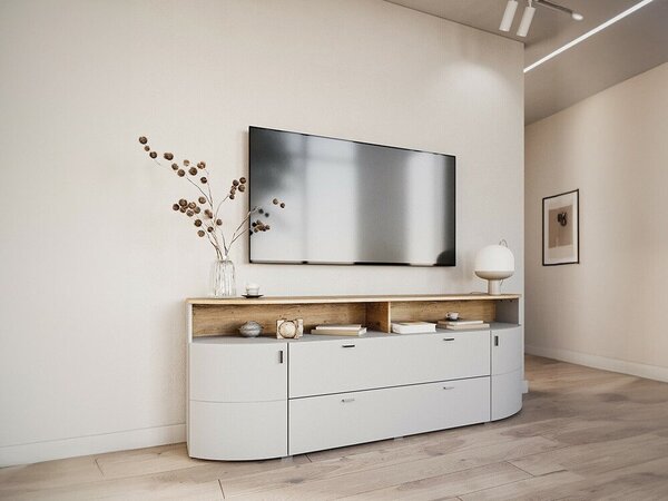 TV-állvány Tenelmo 113, Közepes sűrűségű farostlemez, Laminált forgácslap, 80x220x44cm, Tölgy, Szürke