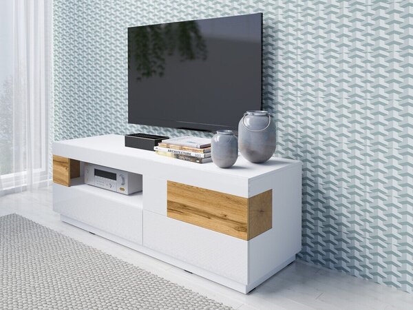 TV-állvány Livlore 103, Laminált forgácslap, 54x160x55cm, Fehér, Fényes fehér, Wotan tölgy