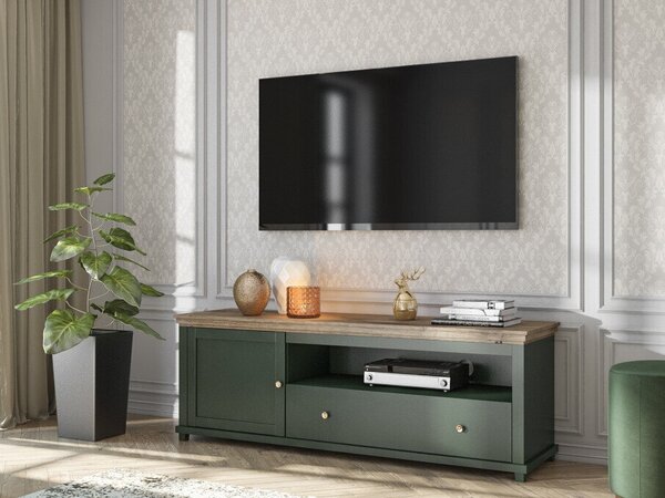 TV-állvány Tolnue 104, Közepes sűrűségű farostlemez, Laminált forgácslap, 61x181x49cm, Lefkas tölgy, Sötétzöld
