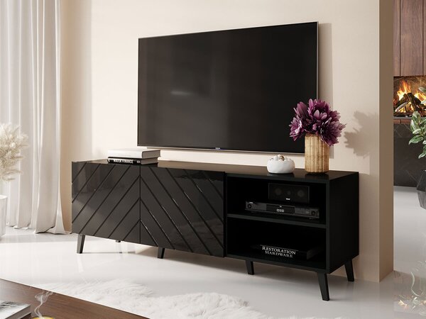 TV-állvány Charlotte 144, Közepes sűrűségű farostlemez, Laminált forgácslap, 52x150x42cm, Fényes fekete, Fekete