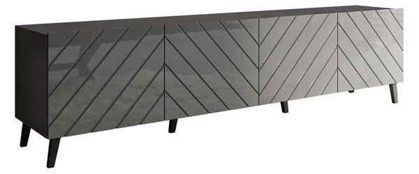 TV-állvány Charlotte 145, Közepes sűrűségű farostlemez, Laminált forgácslap, 52x200x42cm, Fényes grafit, Grafit