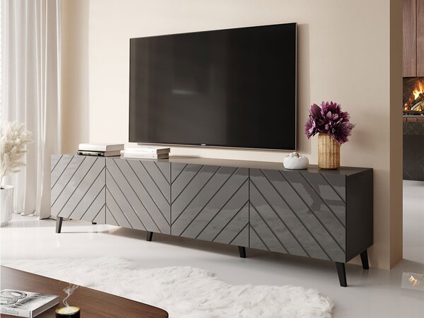 TV-állvány Charlotte 145, Közepes sűrűségű farostlemez, Laminált forgácslap, 52x200x42cm, Fényes grafit, Grafit