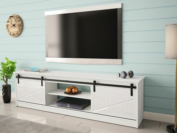 TV-állvány Charlotte 156, Közepes sűrűségű farostlemez, Laminált forgácslap, 57x200x35cm, Fehér, Fényes fehér