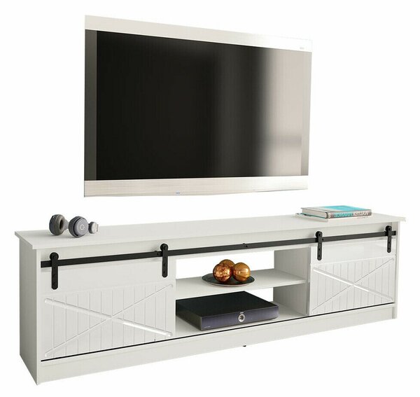 TV-állvány Charlotte 156, Közepes sűrűségű farostlemez, Laminált forgácslap, 57x200x35cm, Fehér, Fényes fehér