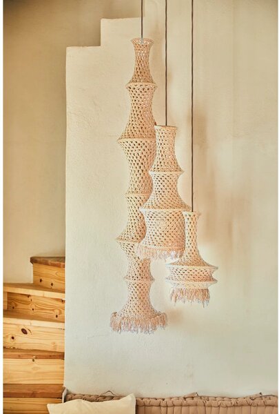 Mediterrán Ibiza makramé függőlámpa – ekrü, nagy (30 × 80 cm)