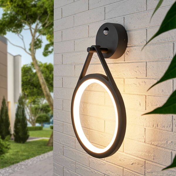 Lucande LED kültéri fali lámpa Mirco érzékelő gyűrű alakú, Fekete, Alumínium, Modern
