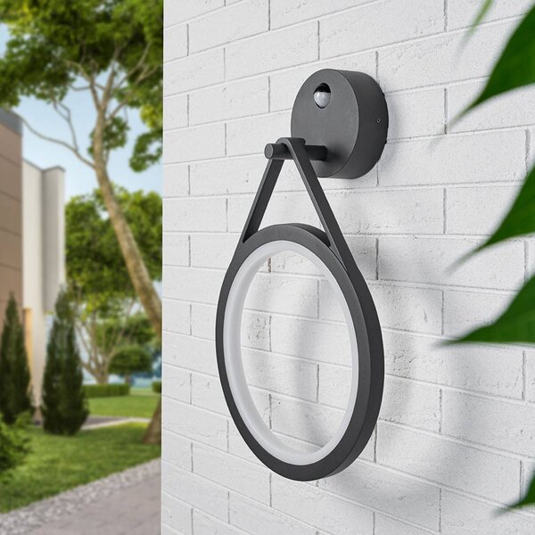 Lucande LED kültéri fali lámpa Mirco érzékelő gyűrű alakú, Fekete, Alumínium, Modern