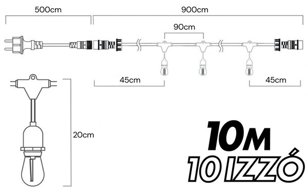 Kültéri fényfüzér kerti égősor girland 10m + 10db színes parti izzó | Sorolható IP44 E27
