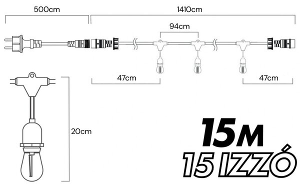 Kültéri fényfüzér kerti égősor girland 15m + 15db színes parti izzó | Sorolható IP44 E27