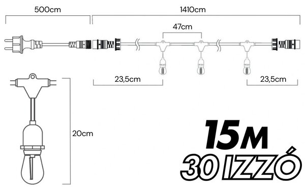 Kültéri fényfüzér kerti égősor girland 15m + 30db színes parti izzó | Sorolható IP44 E27