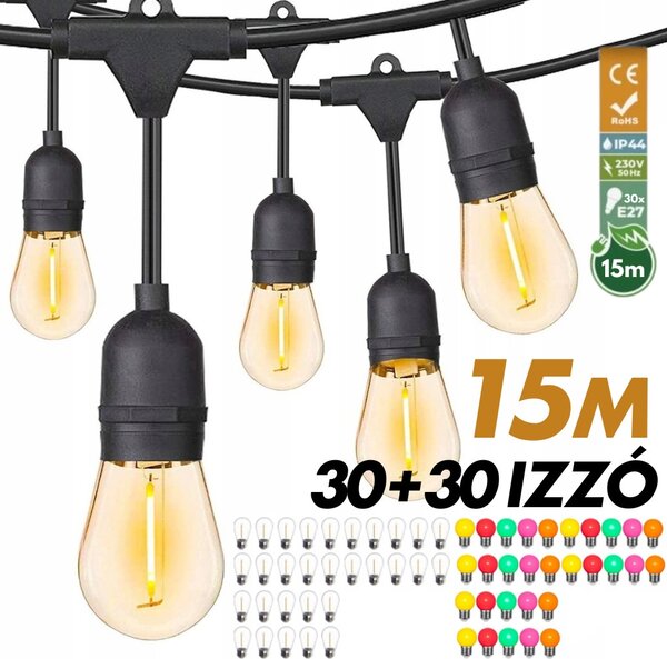 Kültéri fényfüzér kerti égősor girland 15m + 30db színes parti izzó | Sorolható IP44 E27