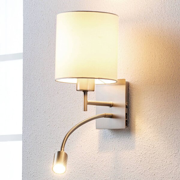 Lindby Camilo fali lámpa, nikkel színű, LED-es olvasólámpa, 28 cm, Fehér / opál, Nappali / Étkező, Textil / szövet / selyem, Modern