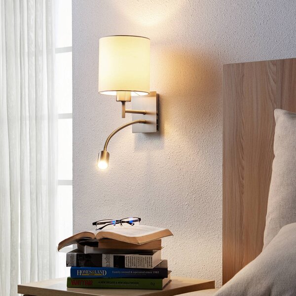 Lindby Camilo fali lámpa, nikkel színű, LED-es olvasólámpa, 28 cm, Fehér / opál, Nappali / Étkező, Textil / szövet / selyem, Modern