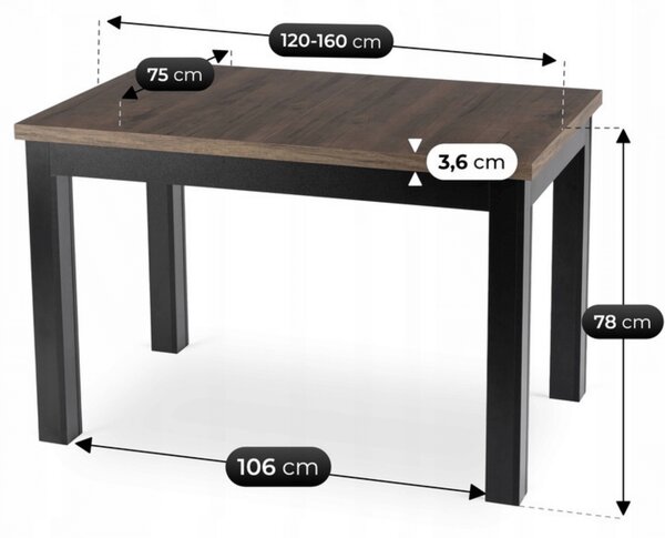SKUBI kihúzható étkezőasztal 120-160 cm, dió/fekete