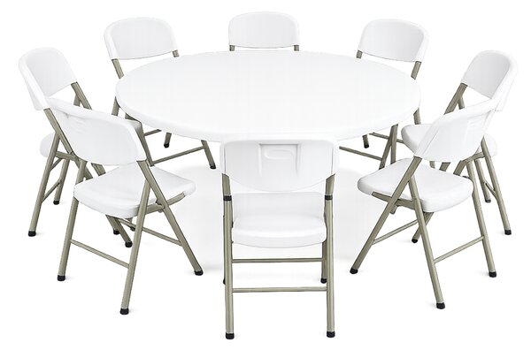 Catering kerek összecsukható asztal - átmérő 154cm + TARTÓS SZÉKEK 8 db