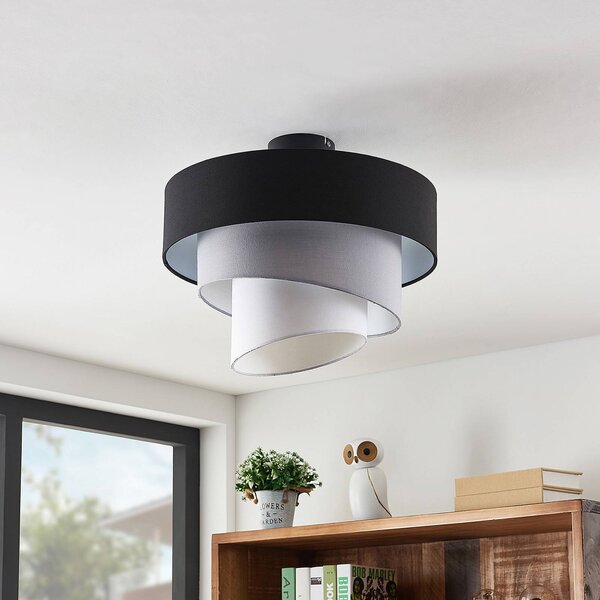 Lindby mennyezeti lámpa Coria, fekete/szürke/fehér, Ø 40 cm, E27, dimmelhető, Alu / szürke / cink, Nappali / Étkező, Textil / szövet / selyem, Modern