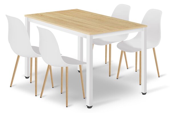 ÉtkezőasztalTESSA 120cm x 60cm - tölgy / fehér láb + 4 db WAT szék fehér / natúr láb