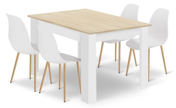 Étkezőasztal szett NP 120x80 sonoma/fehér + 4 db WAT szék fehér/ natúr láb