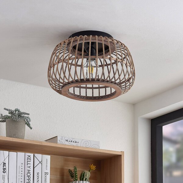 Lindby mennyezeti lámpa Bominio, Ø 40 cm, rattan, fa, E27, dimmelhető, Világos fa, Nappali / Étkező, Fa, Skandináv