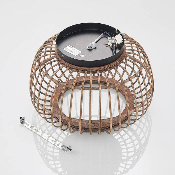Lindby mennyezeti lámpa Bominio, Ø 40 cm, rattan, fa, E27, dimmelhető, Világos fa, Nappali / Étkező, Fa, Skandináv