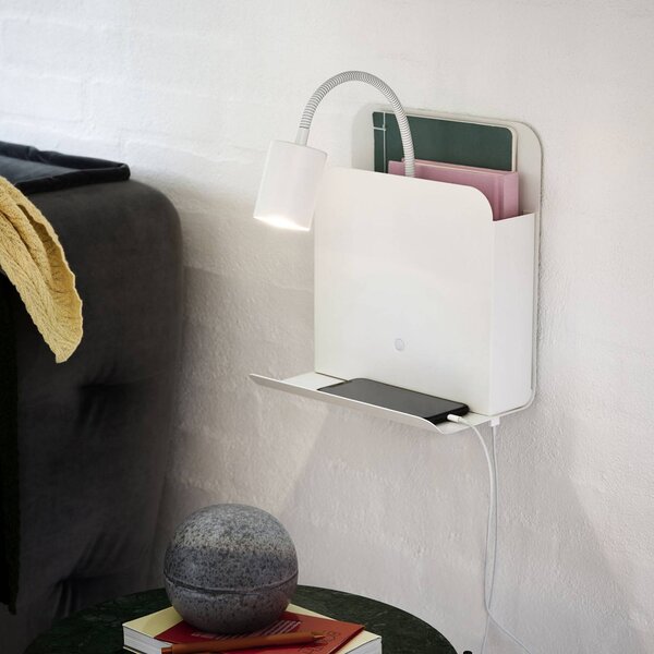 Nordlux Romi fali lámpa polccal és USB-vel, fehér, Fehér / opál, Hálószoba, fém, Modern